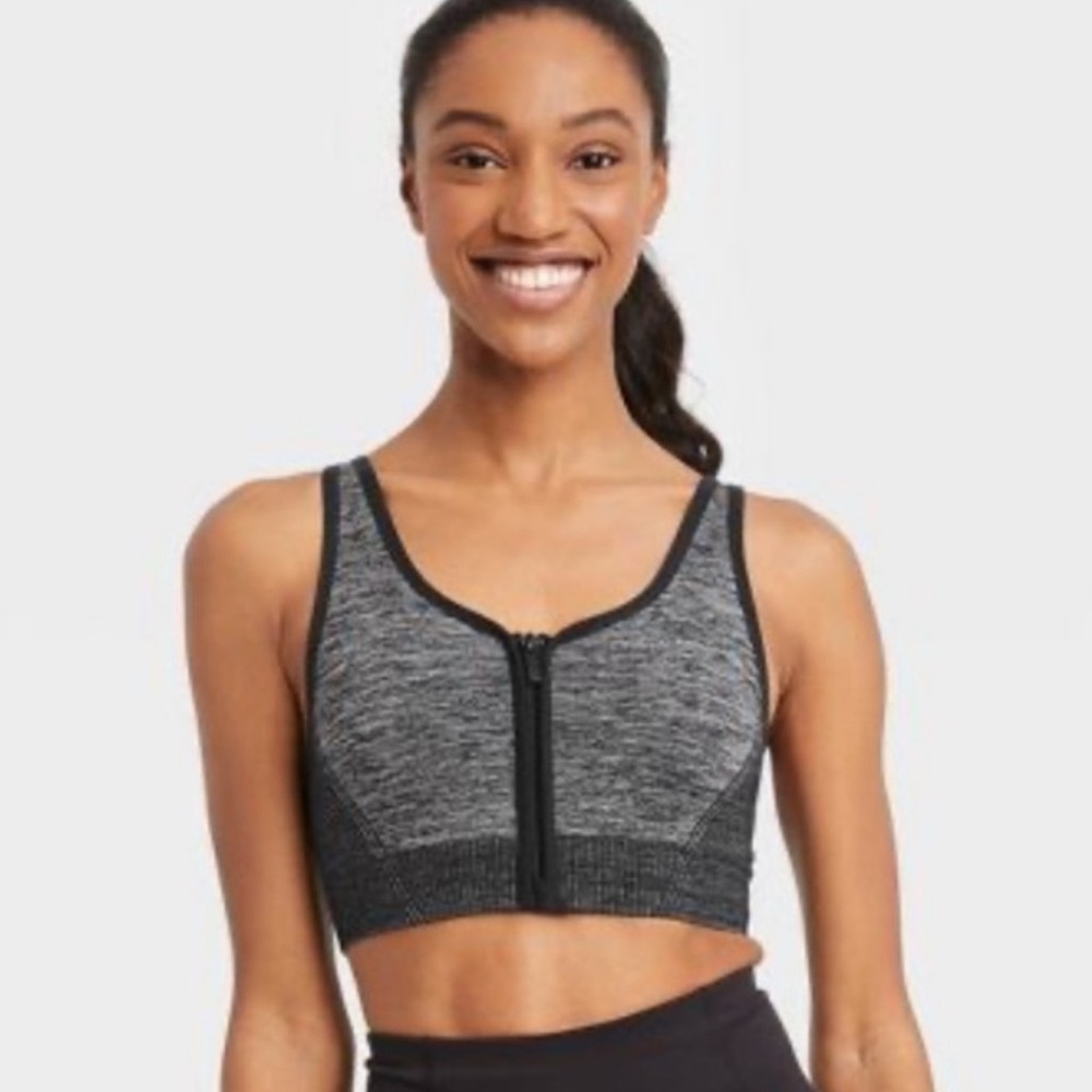 All in Motion Gray Racerback Sports Bra with Zip Front